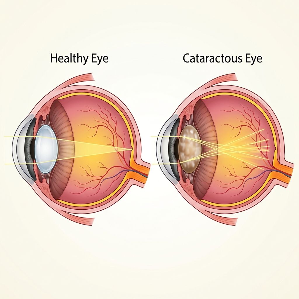 Comparação entre olho saudável com cristalino transparente e olho com catarata mostrando cristalino opaco - ilustração educativa sobre a doença
