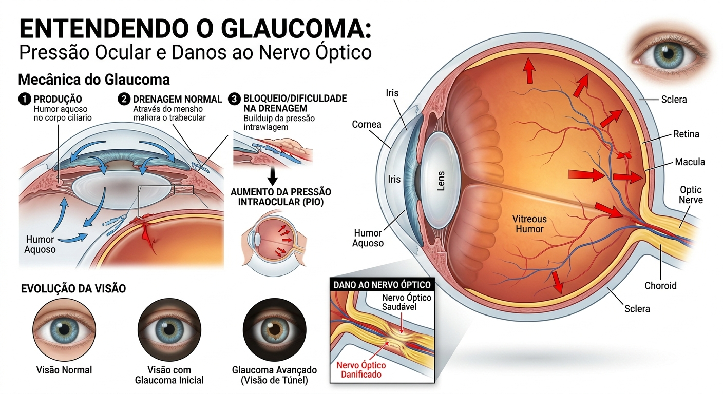 Ilustração médica mostrando como o aumento da pressão intraocular comprime e danifica as fibras do nervo óptico no glaucoma