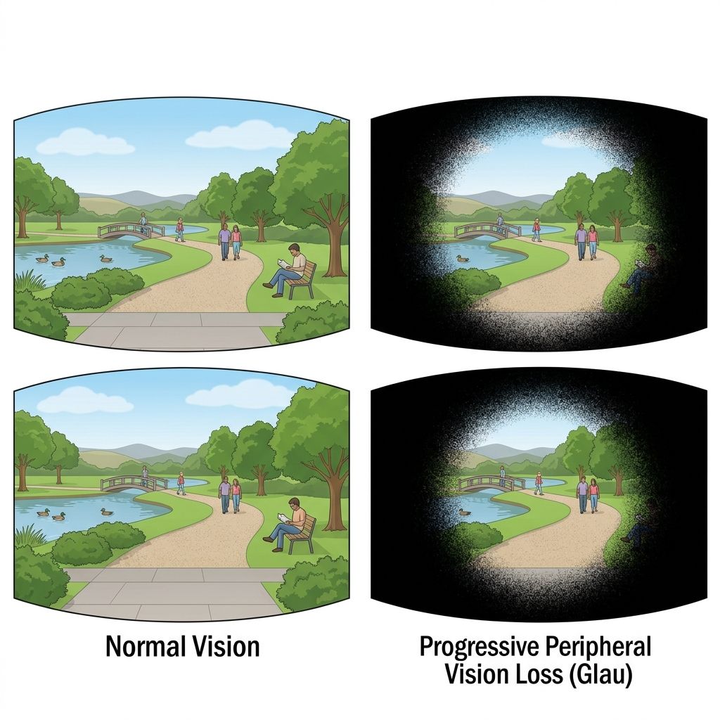 Ilustração comparativa mostrando a visão normal ao lado da perda progressiva de visão periférica típica do glaucoma