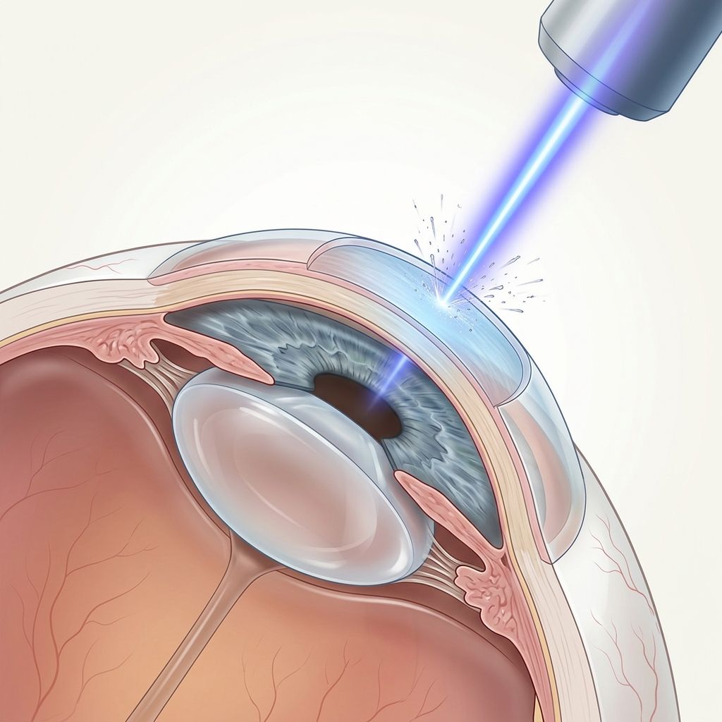 Ilustração médica premium de um feixe de laser excimer remodelando a superfície curva da córnea com extrema precisão