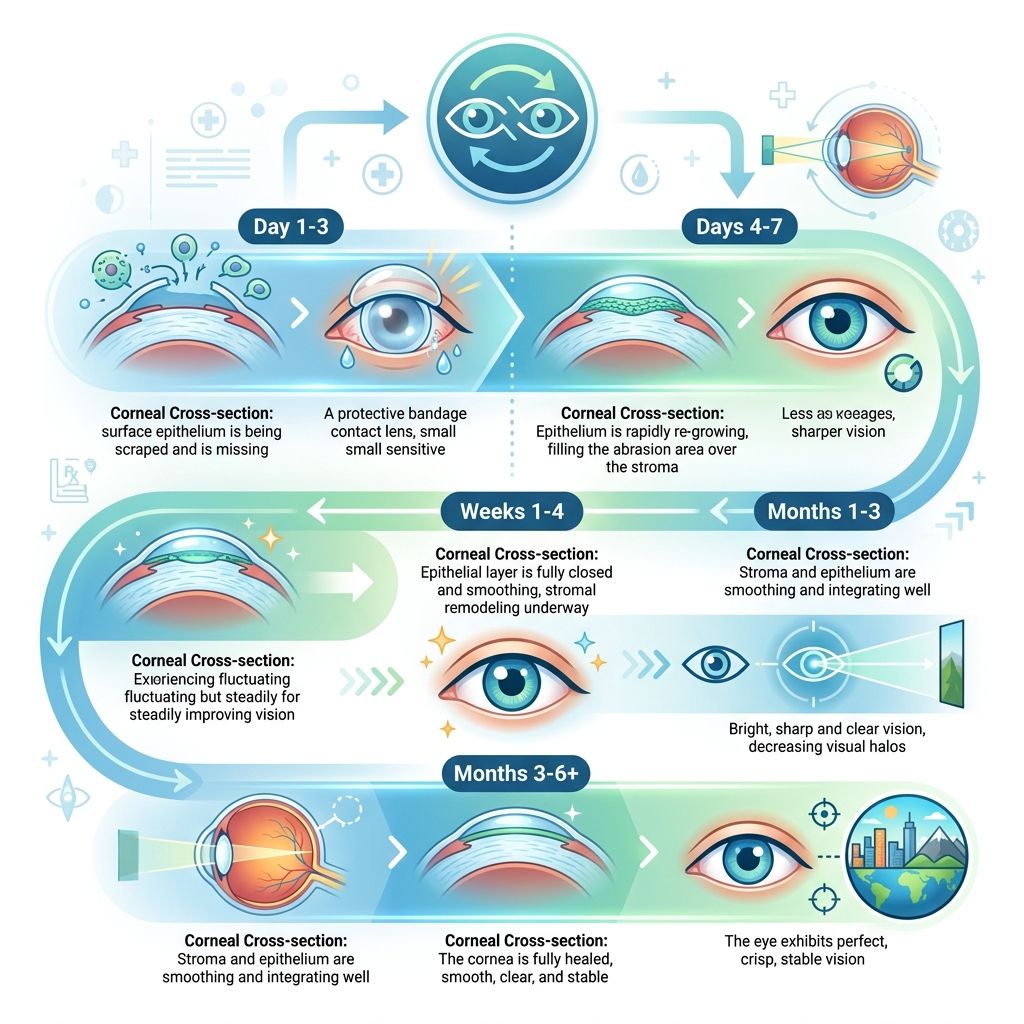 Infográfico ilustrativo da linha do tempo de recuperação da cirurgia refrativa PRK mostrando marcos temporais de cicatrização e visão