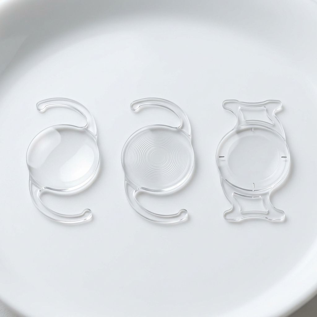 Tipos de lentes intraoculares para cirurgia de catarata: lente monofocal, multifocal trifocal e tórica dispostas lado a lado em comparação visual