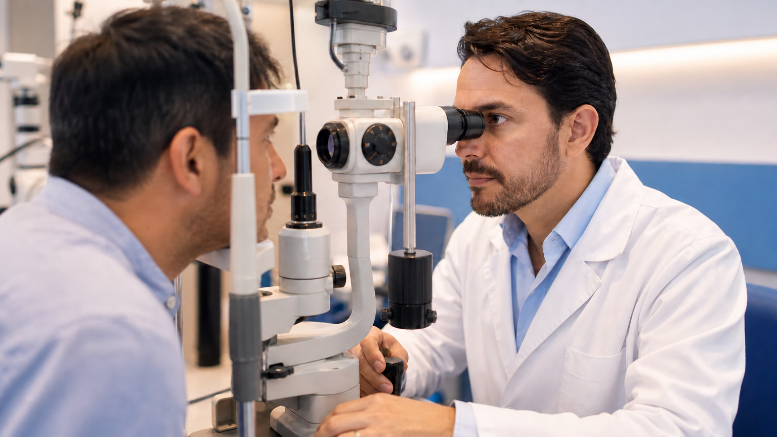 Oftalmologista usando biomicroscópio de lâmpada de fenda para examinar olho de paciente durante consulta de indicação de lente